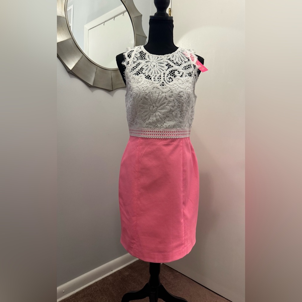 Lilly Pulitzer White Lace Bodice Pink Mini Sheath Dress